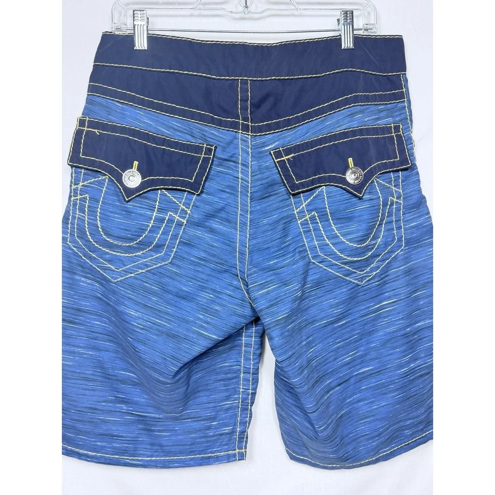 True Religion Blue Yellow Stitch Horseshoe Flap Pocket Board Swim Shorts 32